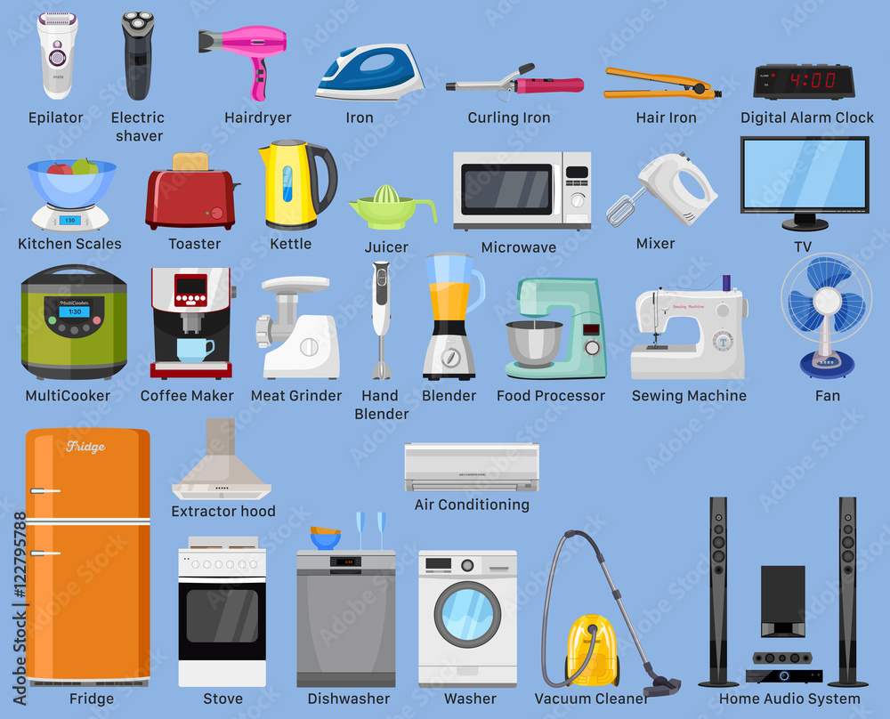 Set of Home, Kitchen and house electronics appliances. Various household  equipment and facilities - major and small appliances, consumer  electronics, kitchenware Stock Vector