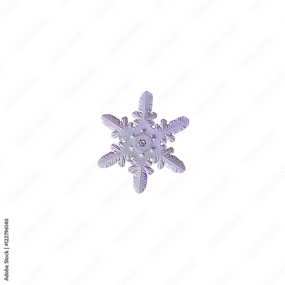 Snowflake isolated on white background: macro photo of real snow crystal. This is small snowflake with rare and unusual pattern of heart-shape elements, connected to corners of central hexagon.