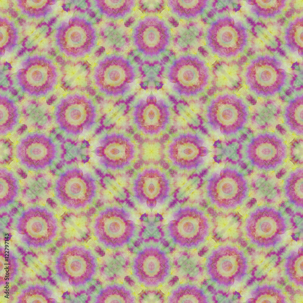Seamless digital watercolor or pastel stylization, background pattern, abstract figures for scrapbook, cushion, plaid, cloth, shawl, bandanna. Mirror reflection Collage. Kaleidoscope montage