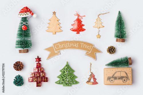 Christmas trees collection for mock up template design. View from above. Flat lay