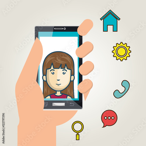 avatar woman smiling on smartphone screen and social media icon set. vector illustration