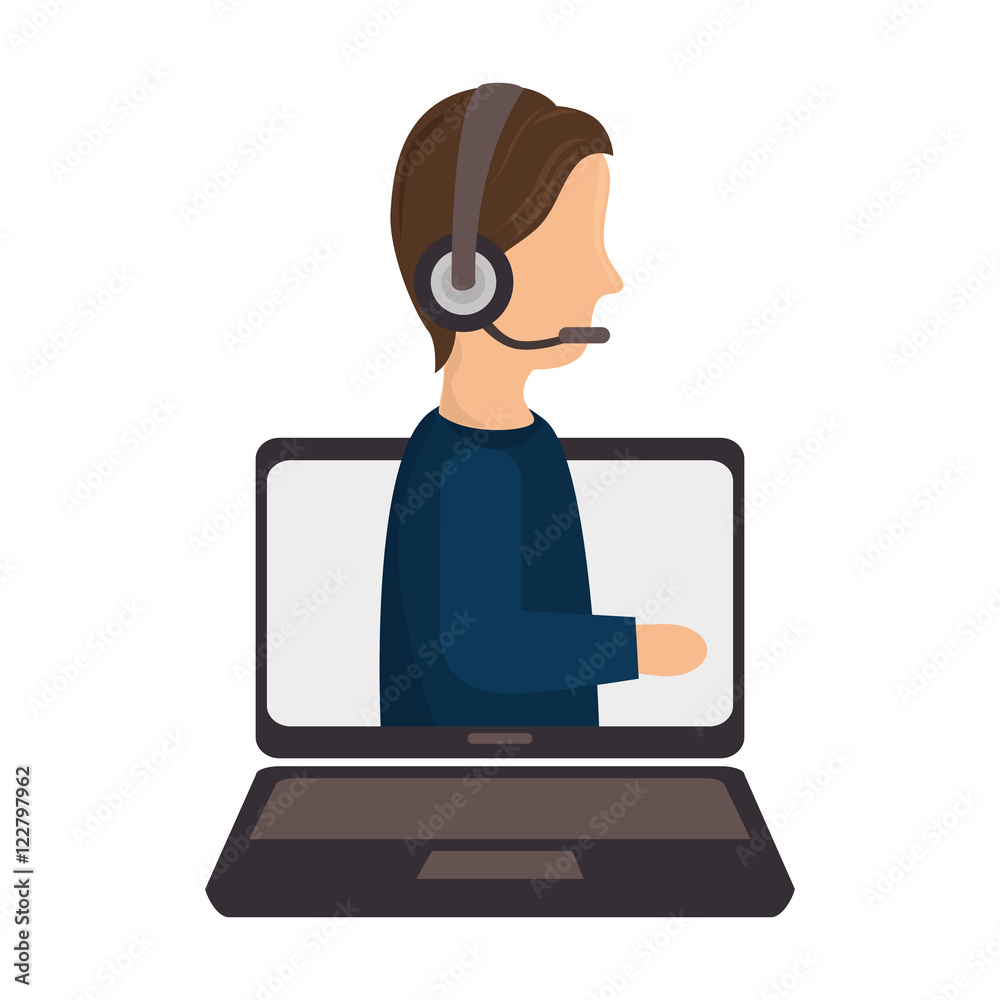 laptop computer and avatar man with headset call center online support. colorful design. vector illustration laptop computer and avatar man with headset call center online support. colorful design. vector illustration
