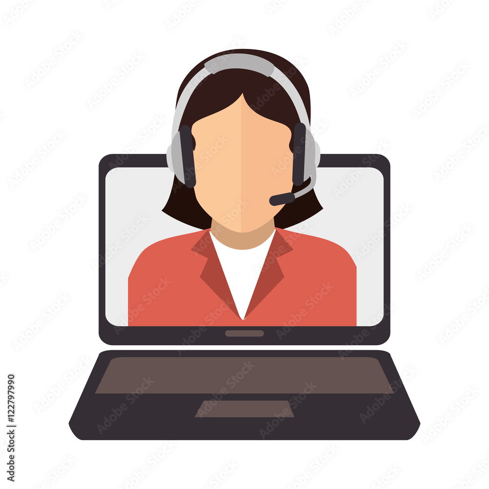 laptop computer and avatar woman with headset call center online support. colorful design. vector illustration laptop computer and avatar woman with headset call center online support. colorful design. vector illustration