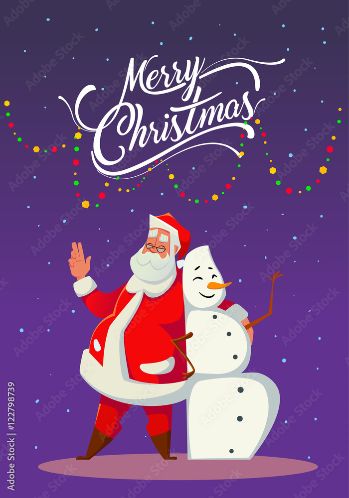 Fototapeta premium Santa Claus with Snowman. Merry Christmas and Happy New Year