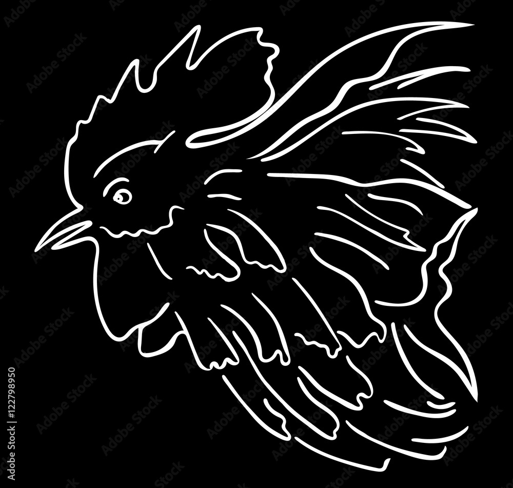 Cock. Cock sketch, rooster drawing, cartoon cock. New Year Rooster. Vector image of a cock. Cock illustration, cock graphic. Silhouette of a cock. New Year Cock..