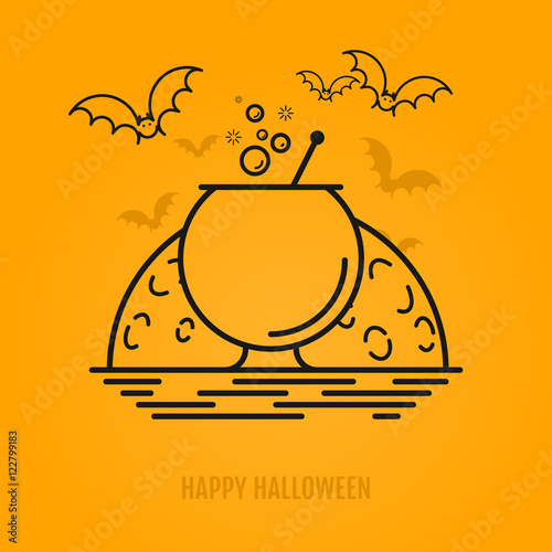 Happy halloween conceptc with bats, moon, cauldron and bubbles. Night party design for banner, web graphics, wallpaper, page background, invitation. Vector Illustration 31 october in outline style. photo