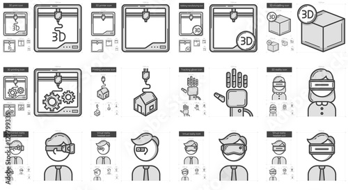 Virtual reality and 3D technology line icon set.