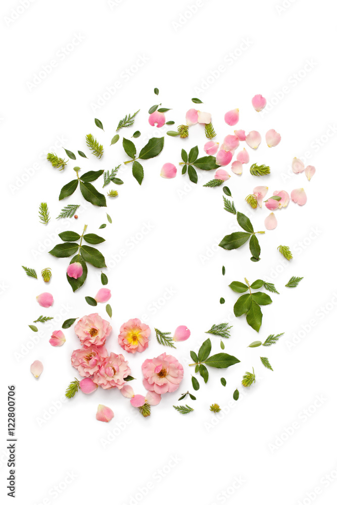 Flat nature floral round frame on white background, top view. 