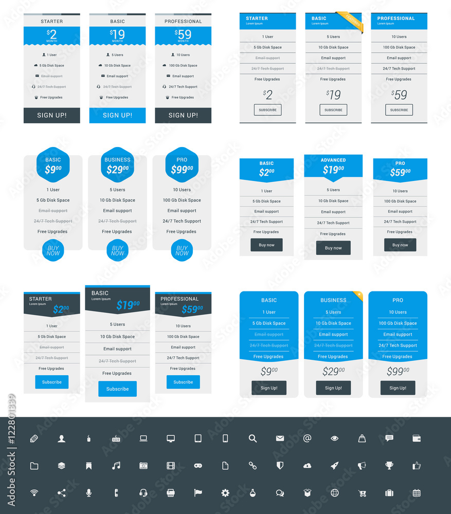 Set of Pricing Table Design Templates for Websites and Applications. Vector Pricing Plans with Icon Set. Blue and Black Colors. Flat Style Vector Illustration