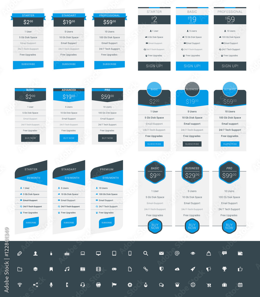 Set of Pricing Table Design Templates for Websites and Applications. Vector Pricing Plans with Icon Set. Blue and Black Colors. Flat Style Vector Illustration Set of Pricing Table Design Templates for Websites and Applications. Vector Pricing Plans with Icon Set. Blue and Black Colors. Flat Style Vector Illustration