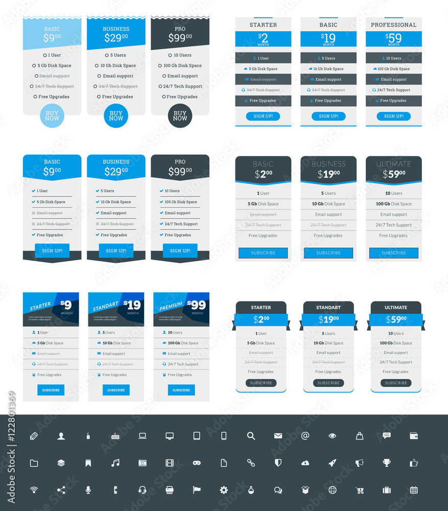 Set of Pricing Table Design Templates for Websites and Applications. Vector Pricing Plans with Icon Set. Blue and Black Colors. Flat Style Vector Illustration Set of Pricing Table Design Templates for Websites and Applications. Vector Pricing Plans with Icon Set. Blue and Black Colors. Flat Style Vector Illustration