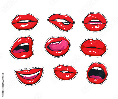 Vector stickers kit of female lips. Woman mouth with a kiss, smile, tongue and teeth isolated on background.