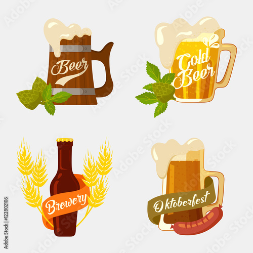 Beer in wooden and glassware mug with foam, bottle