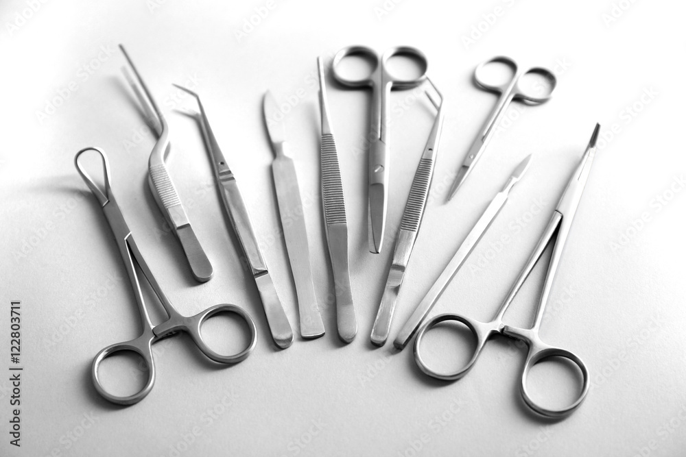 Flat lay of medical instruments on white background Flat lay of medical instruments on white background