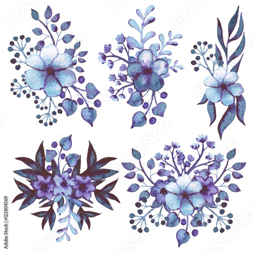 Collection Watercolor Bouquets With Blue And Violet Flowers