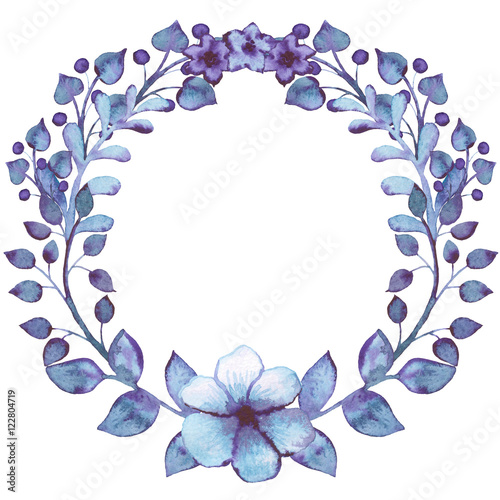 Fototapeta Naklejka Na Ścianę i Meble -  Wreath With Watercolor Blue Leaves, Violet Flowers and Berries