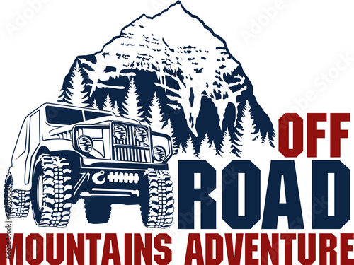 Vector emblem with 4x4 vehicle off-road car and mountains forest