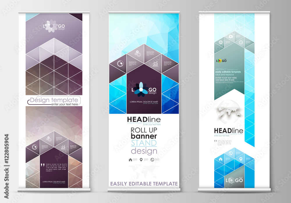 Set of roll up banner stands, flat design templates, geometric style,  business concept, corporate vertical vector flyers. Abstract triangles,  blue triangular background, colorful polygonal pattern. Stock Vector |  Adobe Stock