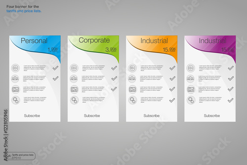 Set tariffs banners. Web pricing table. Vector design for web app. 4 colored banners.
