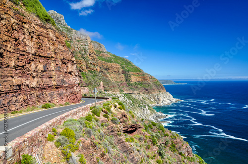 Chapman's Peak Drive near Cape Town on Cape Peninsula - Western Cape, South Africa. Chapman's Peak Drive is a 9 kilometer long coastal road from Hout Bay to Noordhoek, passing Chapman's Peak mountain.