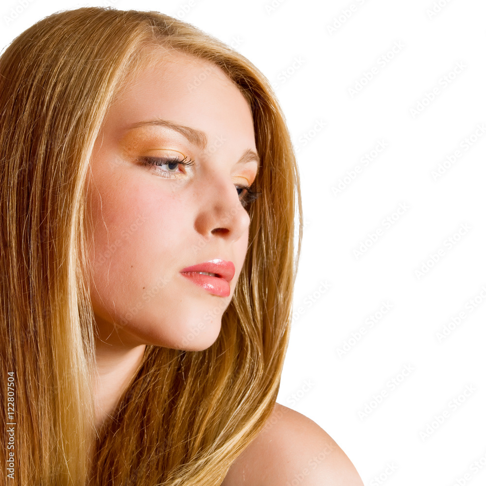 Fototapeta premium Glamour portrait of beautiful blond woman model with fresh daily makeup and healthy hair. Fashion shiny highlighter on skin and sexy gloss lips make-up