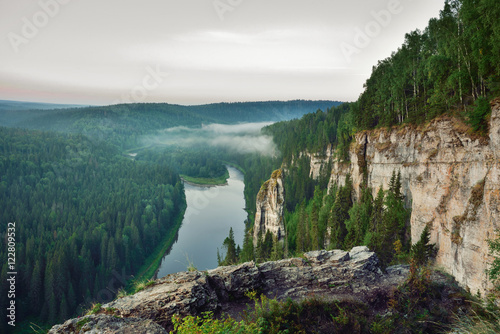Beautiful summer landscape in the mountains. Sunrise. Russia, Ural, Usva Stones