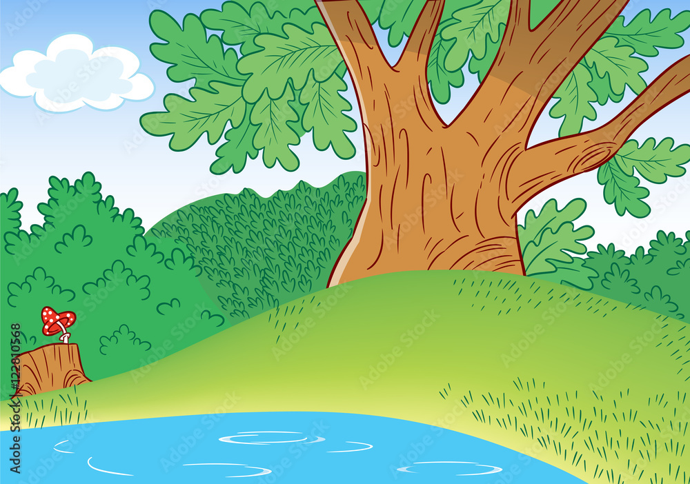 The illustration shows a portion of a large oak tree in a forest glade, and part of a small pond in cartoon style