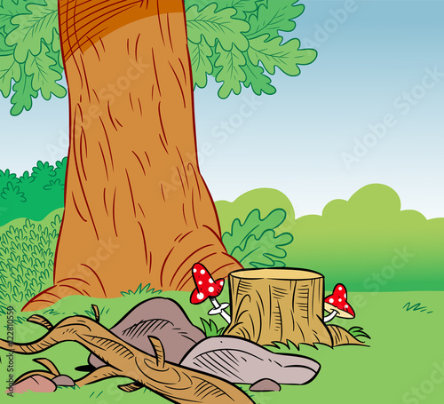The illustration shows a portion of a large oak on a forest glade in a cartoon style