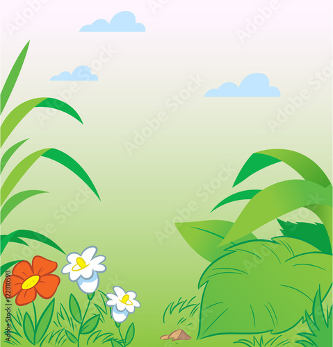 Green background with leaves and flowers in a cartoon style, on separate layers.