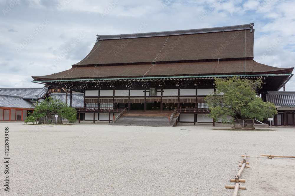 Kyoto, Japan - September 14, 2016: The large Shishinden hall stands behind a courtyard of pebbles. The hall was the principle spot where the emperor received groups of guests.