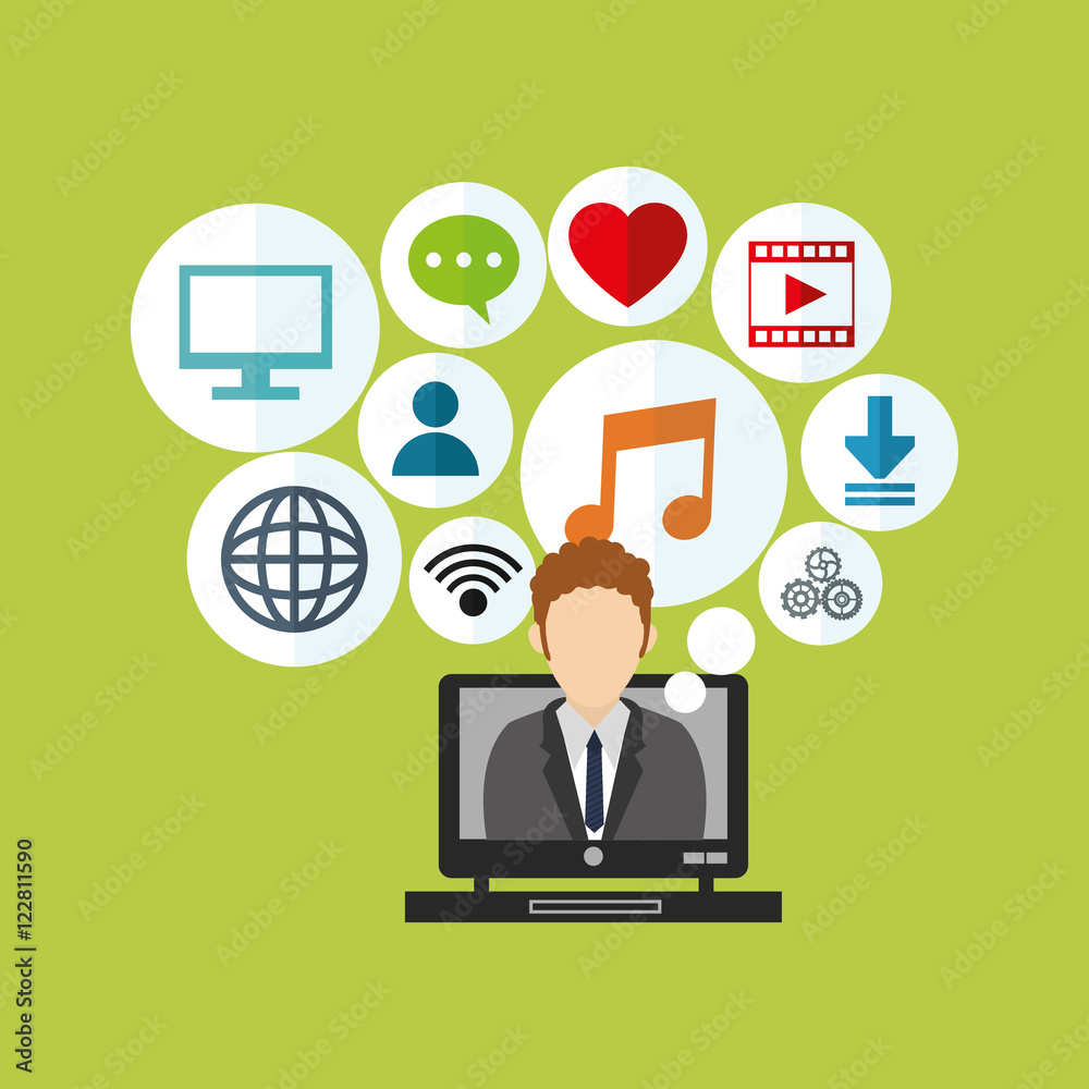 computer and user avatar with socia media related icons image vector illustration design computer and user avatar with socia media related icons image vector illustration design