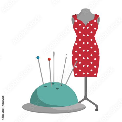 pincushion with pins and needles and garments  icon. colorful design. vector illustration