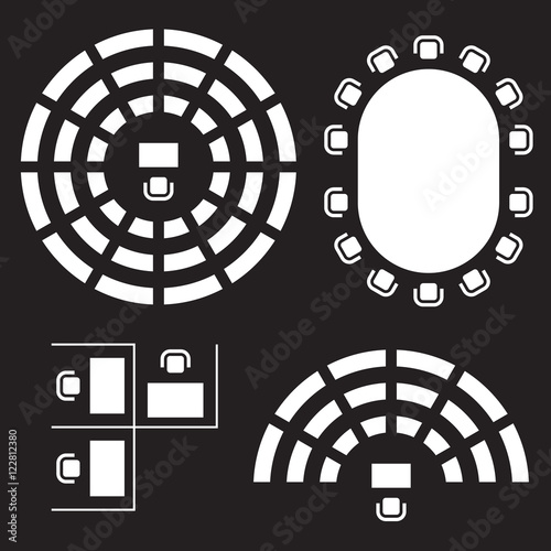 Business, education and government furniture symbols used in architecture plans icons set, top view, graphic design elements, white isolated on black background, vector illustration.