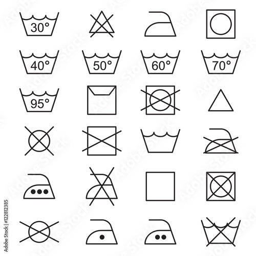 Laundry symbols, icon set, black isolated on white background, vector illustration.