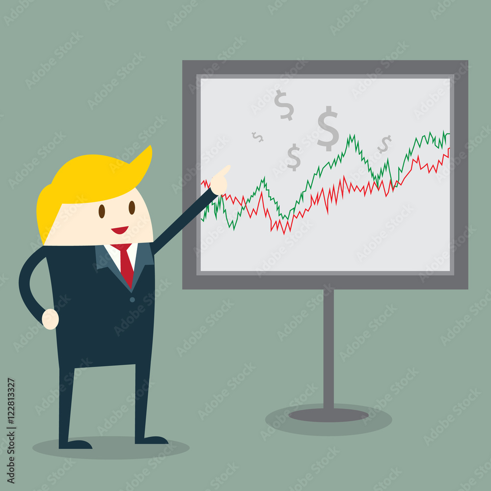 businessman pointing up to graph board, the success concept more and more. vector businessman pointing up to graph board, the success concept more and more. vector