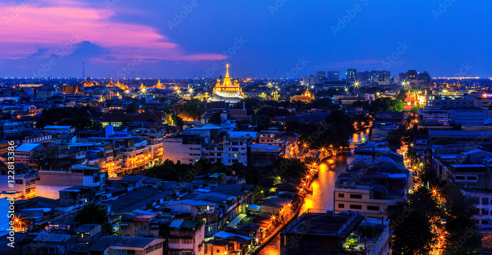 Cityscape of Bangkok with famous traveling place,Golden Mountain or Wat Saket
