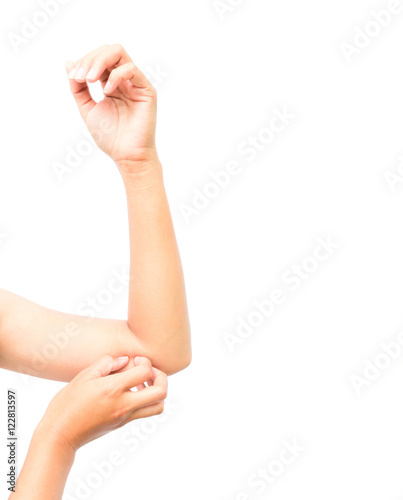 Woman hand scratching on white background for healthy concept