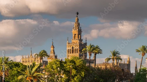 Giralda Spire Bell Tower of Seville Cathedral, Cathedral of Saint Mary of the See Church of El Salvador Seville, Andalusia Spain.The largest Gothic Cathedral in the World.