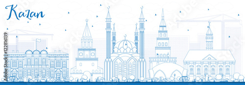 Outline Kazan Skyline with Blue Buildings.