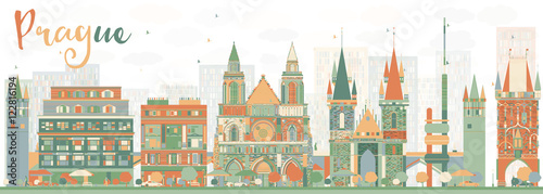Abstract Prague Skyline with Color Buildings.