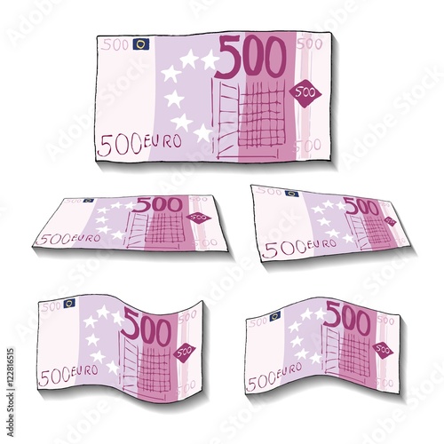 500 Euro Schein Geld - unterschiedliche Perspektiven - mit der Hand gezeichnet und gemalt - Comic-Stil Cartoon