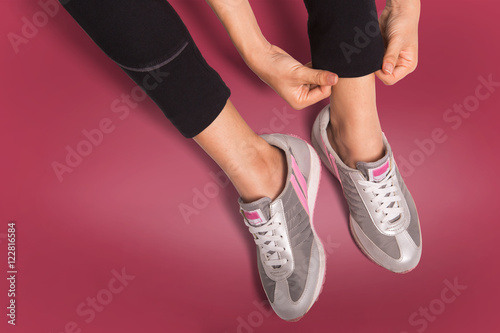 Sports background. Runner feet running closeup on shoe.