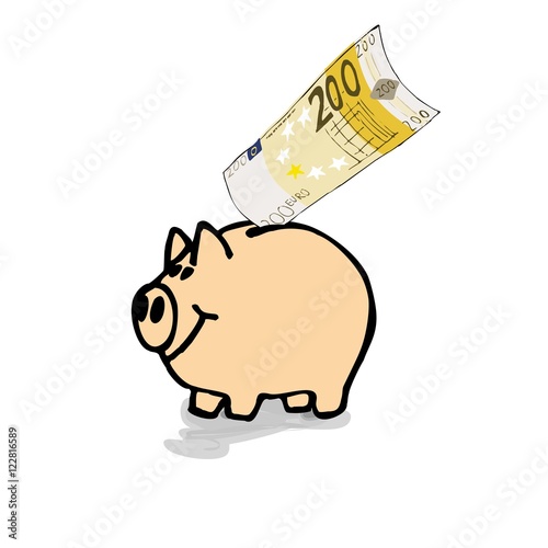 Schwein Sparschwein mit 200 Euro Schein - Illustation Zeichnung Comic