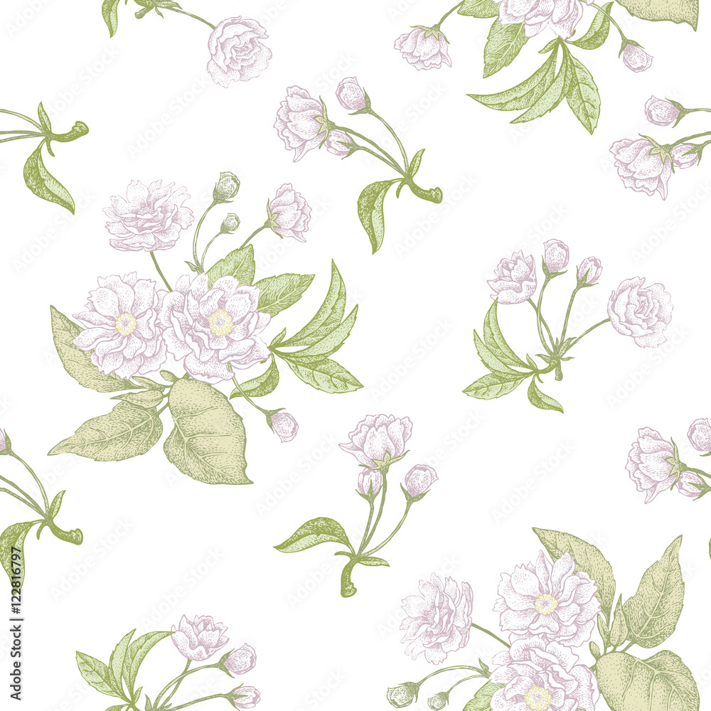 Floral seamless pattern with Chinese plum. Floral seamless pattern with Chinese plum.