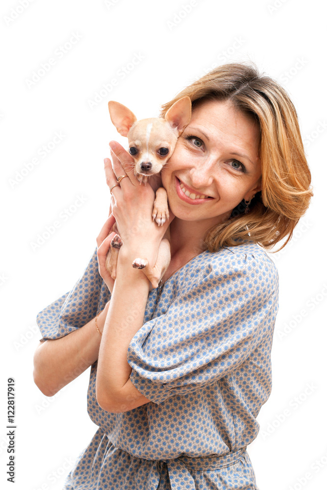 A woman with tiny pet isolated on white background