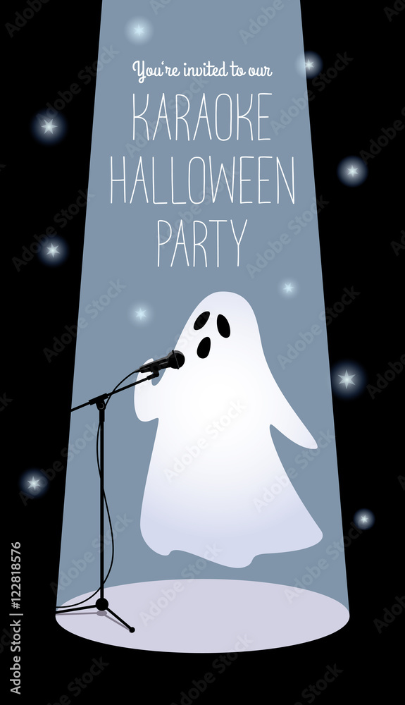Invitation to karaoke Halloween party. Vector illustration of a cartoon  ghost in a spotlight singing into a microphone. Long vertical format, black  background, white text. Stock Vector | Adobe Stock