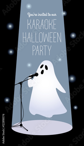 Invitation to karaoke Halloween party. Vector illustration of a cartoon ghost in a spotlight singing into a microphone. Long vertical format, black background, white text.