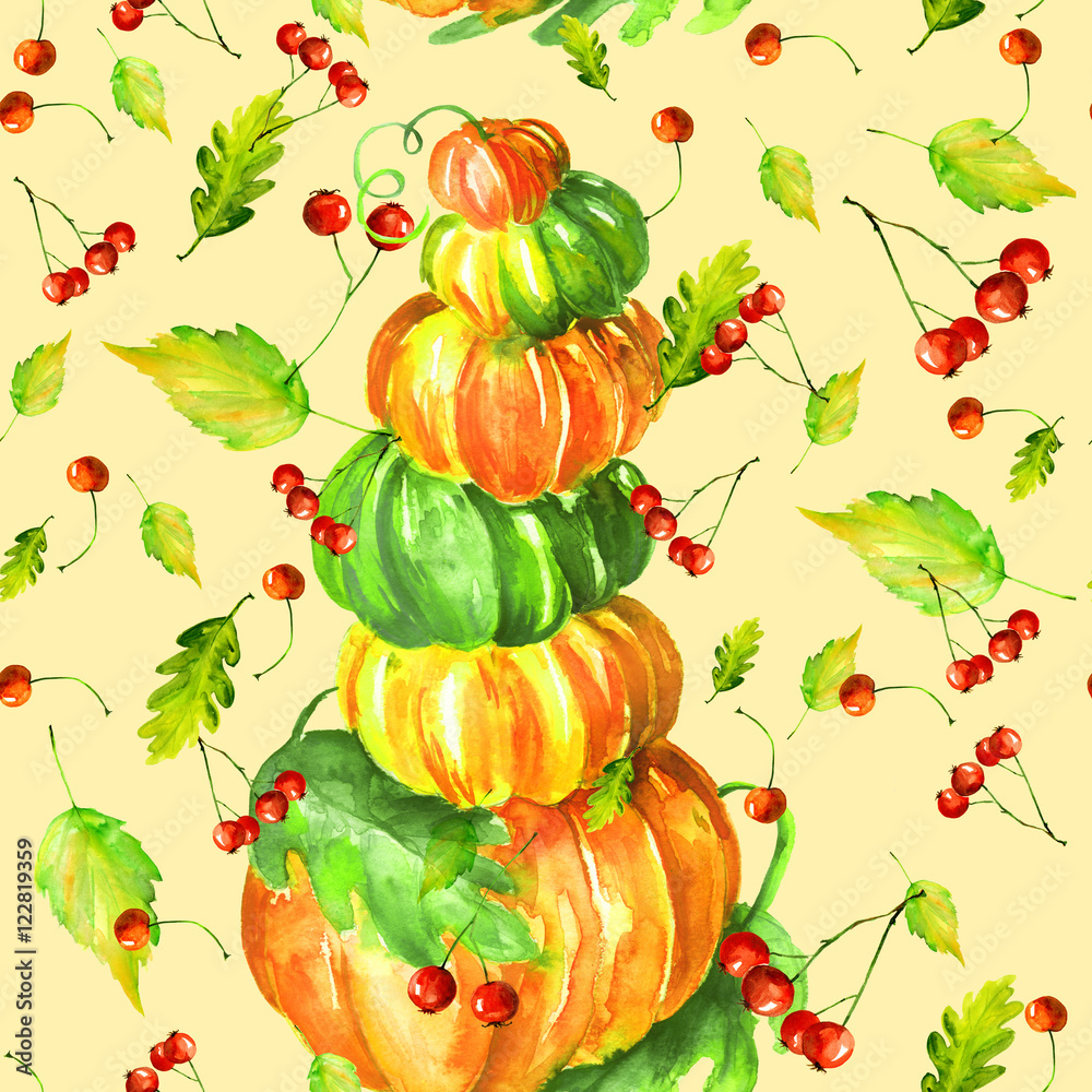 Watercolor Vintage pattern - autumn leaves, pumpkins, red berry, hand-drawn in the graph.