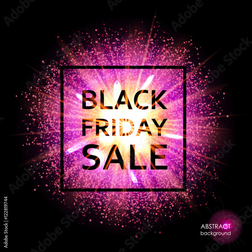 Black Friday. Christmas sale, discounts. The text on the background of the cloud of explosion of light and dust. Bright magenta and gold advertising banner. Vector illustration