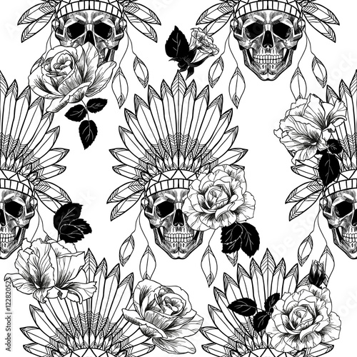 Skull with indian feather hat and red roses. Vector seamless pattern